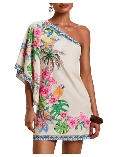 Floerns Womens Floral One Shoulder Mini Dress Dolman Sleeve Vacation Tunic Dresses White Multi Small
