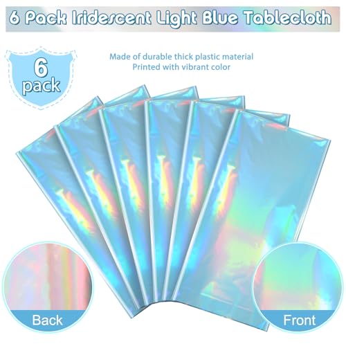 Image of 6 Pack Iridescent Light Blue Tablecloth for Parties, Pastel Blue Holographic Plastic Table Cover, Disposable Laser Baby Blue Table Cloth for Birthday Wedding Baby Shower Party Decorations, 54x108 Inch
