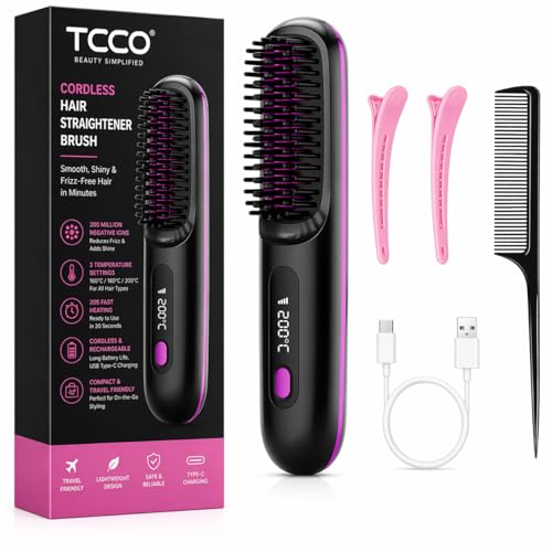Image of TCCO Cordless Hair Straightener Brush for Women | Portable Rechargeable Hair Straightening Comb | 20s Fast Heat | 3 Temperature Settings | Ionic Ceramic Anti-Frizz Styling | USB-C 4000mAh Travel Friendly Mini Straightener