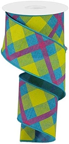 Plaid Canvas Wired Edge Ribbon, 10 Yards (Turquoise, Yellow, Hot Pink, 2.5")