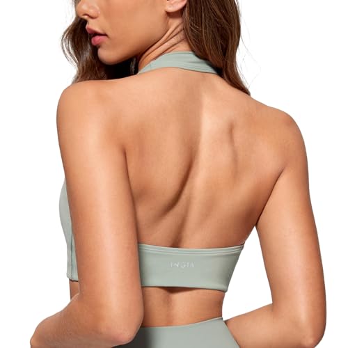 Image of INGIA Womens Halter Longline Sports Bra Padded Low Back Yoga Bra Workout Crop Top with Built in Bra