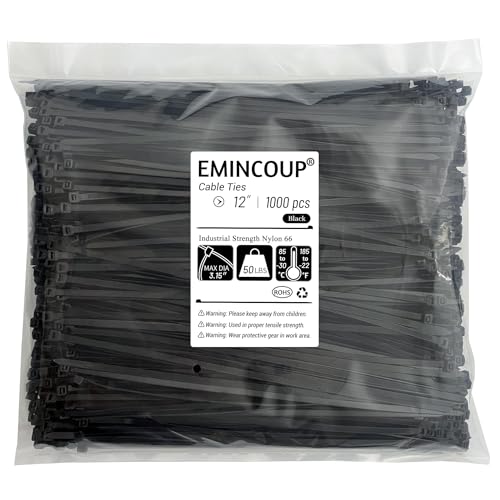 Zip Ties 12 inch 1000 Pack Black 50 lbs Tensile Strength Self-Locking Nylon Cable Ties UV Resistant Plastic Wire Ties for Indoor and Outdoor Use by EMINCOUP