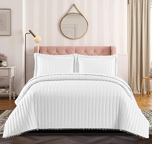 BSL 3 Piece Quilted Bedspread Bed Throws for Room Décor Embossed Pattern Pom Pom Design Quilt Bedspread Coverlets with Hypoallergenic Pillow Cover (White, King)