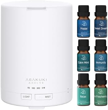 ASAKUKI 300ml White Ultrasonic Essential Oil Diffuser with Essential Oil Blends Set for Home