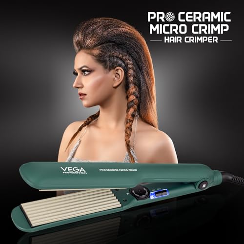 Image of VEGA PROFESSIONAL Pro Ceramic Micro Crimp Hair Crimper with Ultra Fast Heatup, 5 Temperature Settings, 60 Min Auto Switch Off for Salon, Professional Hair Crimper, Green (VPPMS-11)