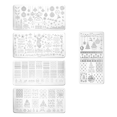 Beaupretty Christmas Nail Art Plates,5pcs Nail Stamping Kit Reindeer SantaTree Snowflake Image Plates DIY Nail Art Tools for Christmas Party