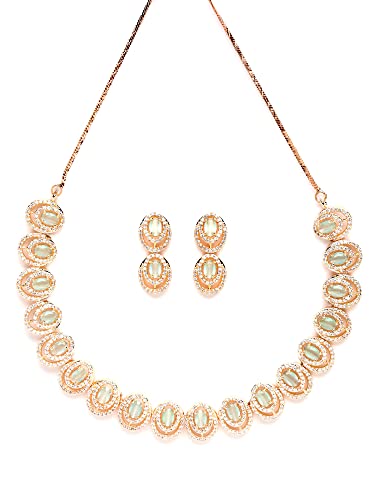 Karatcart Rose Gold Plated Light Green Floral American Diamond Stone Studded Jewellery Set Deal