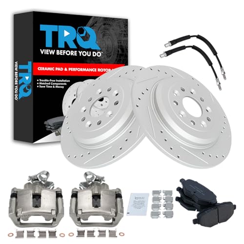 Image of TRQ Performance Rear Brake Pad and Rotor Set Ceramic Slotted Drilled G Coated 330mm Rotors Calipers Compatible with 2015-2018 Ford Flex 2015-2018 Lincoln MKT