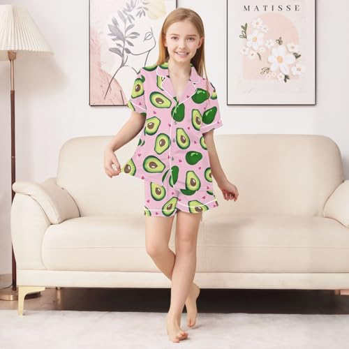 Cute Avocado Pink Hearts Summer Satin Pajama Set, Cute Button-Down Sleepwear Pj Set for Sleep Wears3