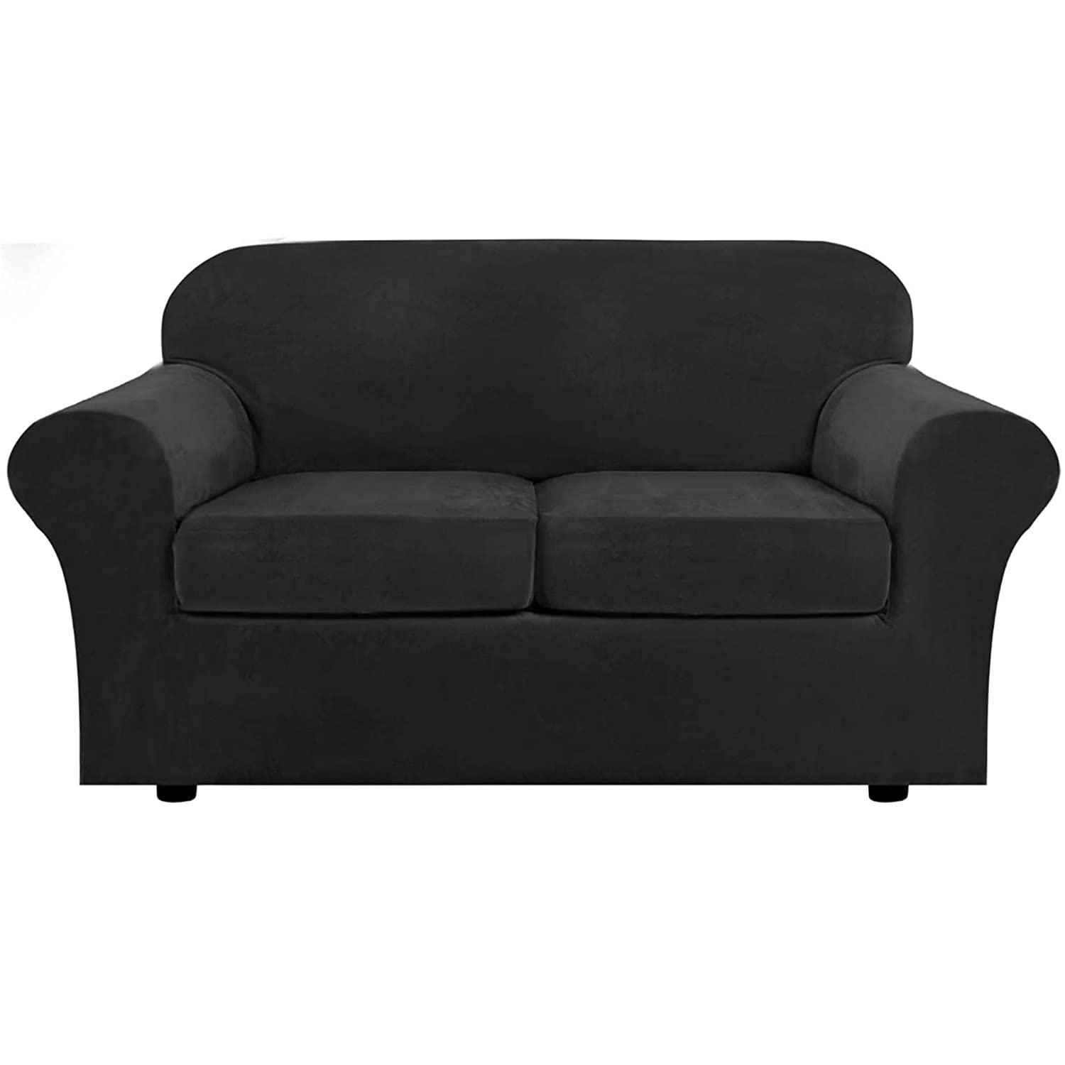 Sofa Cover Stretch Loveseat Sofa Slipcover 2 Seater with 2 Separate Cushion Covers Velvet Couch Cover 3 Piece Luxurious (Black)