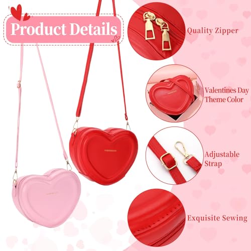 2 Pcs Valentine Crossbody Purse for Women Girls Small Crossbody Bag Heart Shaped Gift Phone Wallet Cute Holiday Handbags Ladies Shoulder Bag for Valentine Gift Red and Pink3