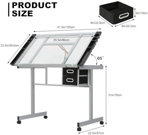 Mobile Table Bedside Stand Adjustable Office and Home Folding Table,Drafting Table,Drawing Table, Art Desk, Adjustable Drafting Table with Glass Tablet(