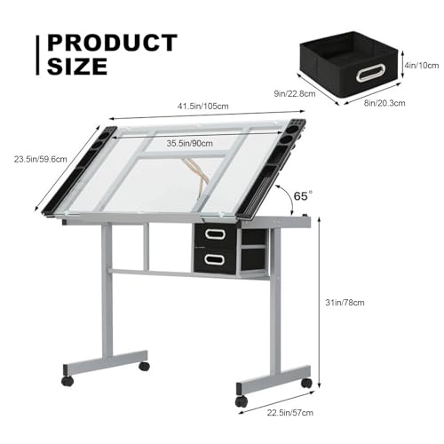 Table de dessin avec plateau de verre inclinable pour ranger vos outils