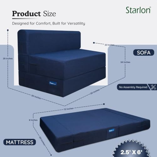 Image of Starlon 2 Seater Foldable Sofa Cum Bed 3-in-1 with 2 Floral Pattern Pillows, Washable Jute Fabric Cover, Space Saving Guest Bed, Pre-Assembled Royal Navy Blue 4x6 Ft