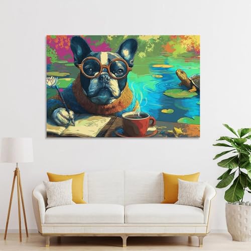 Tableau chien au bord de l'étang avec café décoration murale salon 40x60cm