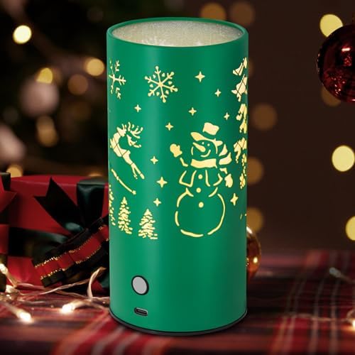 Christmas Table Lamp with Hollow-Out Design - Rechargeable Touch Control Dual Color LED, Warm/Cool White Metal Decor for Home Desk Party, 1200mAh Battery(Greed)