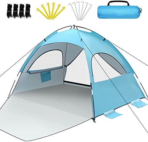 Campasist Beach Tent, Beach Tent Sun Shade Shelter for 2-3 Person with UPF 50+ UV Protection, Portable Easy Setup Beach Shade Tent with Double Door, 2 Mesh Windows, Sandbags, Stakes & Carry Bag-Blue