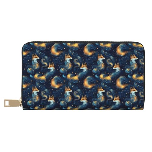 Starry Sky Fox Print Wallet Women, Leather Bifold Multi Card Wallet, Long Purse Women's Wallets