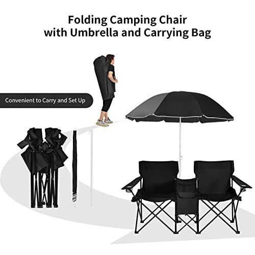 Silkydry Double Folding Camping Chairs, Portable Outdoor Chairs W/Ice Bag, Pocket, Carry Bag, Removable Umbrella & Cup Holder, Weather Resistant 2-Person Picnic Chairs For Patio, Pool, Lawn (Black) #TOP4