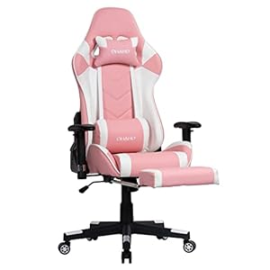 OHAHO Gaming Chair Racing Style Office Chair Adjustable Massage Lumbar Cushion Swivel Rocker Recliner High Back Ergonomic Computer Desk Chair with Retractable Arms and Footrest (Pink/White)