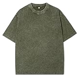 Eadali 1 Pack Men’s Oversized T-Shirts – Washed Cotton Loose Fit Tees, Drop Shoulder Crew Neck, Vintage Baggy Style Streetwear Tops(A-Dark Green,XL)