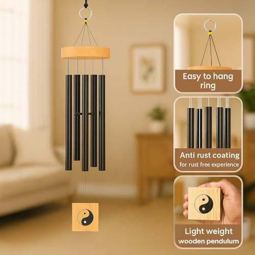Image of 6 Pipe Wind Chimes for Home & Balcony - 28 Inch Aluminum Chime with Pleasant Soothing Tones | Positive Energy & Good Luck Outdoor Garden Decor | Housewarming Gift for Home & Patio (Black)