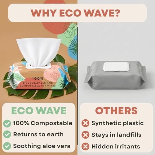 Image of Eco Wave Hypoallergenic Plant-Based Pet Wipes, Dog and Cat Grooming Wipes for Face, Ears, Body, Butt, and Paws, Fragrance Free, Compostable, 400 Count