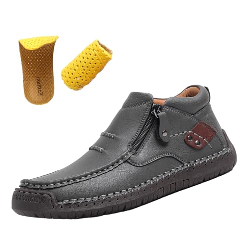 MOYOWEI Men's Slip On Loafers Leather Casual Shoes,Fall Winter Comfy Hand-Stitching Mid-top Zip Driving Walking Ankle Chukka Boots