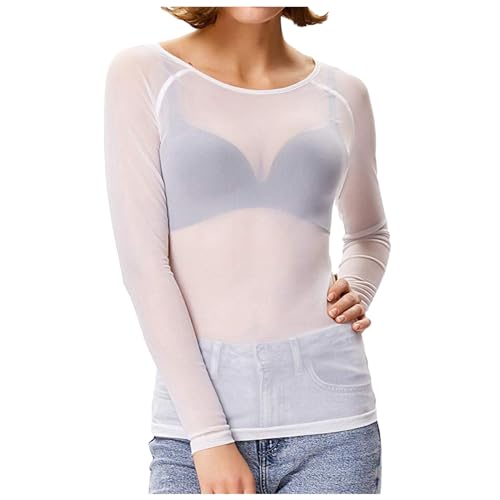 2026 Mujer Transparente Manga Larga Sin Costuras Top Malla Camisa Blusa, Blanco, L