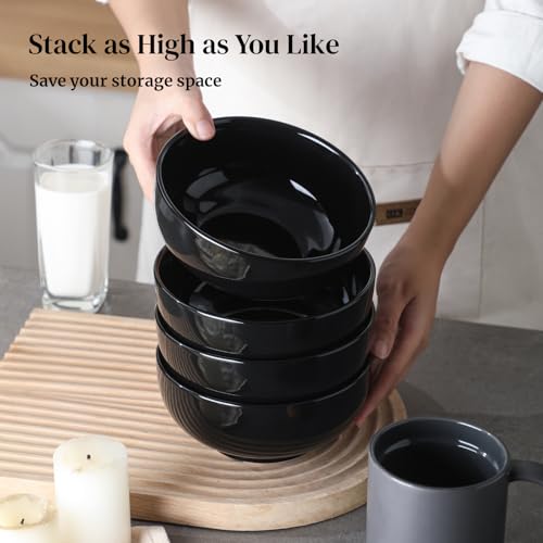 DOWAN 22 OZ Ceramic Soup Bowls & Cereal Bowls - 6" Classic Bowls Set of 4 for Soup, Cereal, Oatmeal, Fruit, Rice - Dishwasher & Microwave Safe (Black) - Image 3