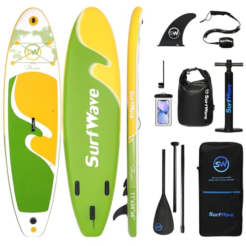 11'/6"×34" Inflatable Stand Up Paddle Board w/Premium SUP Accessories & Backpack, Beginner SUP, Bottom Fin for Paddling, Paddle, Leash, Surf Control, Non-Slip Deck (Light Green Multi)