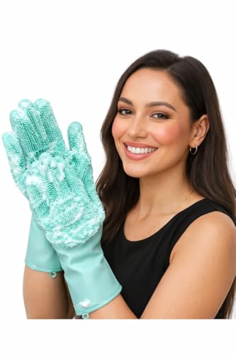 Image of Silicone Washing Gloves for Dishwashing & Cleaning | Reusable Kitchen Cleaning Silicone Scrubber Gloves | Multipurpose Waterproof Heat Resistant for Utensils, Bathroom & Floor | (Green)