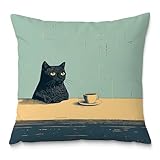 Fuasei Black Cat Throw Pillow Covers 18x18, Aesthetic Black Cat Art Painting Decor Pillow Covers, Vintage Cats Drinking Coffee Decor for Room Bedroom