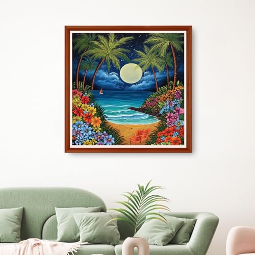Image of Hopeart Stamped Cross Stitch Kits for Beginner Embroidery Kits for Beginners Adults DIY 11CT Cross Stitch Patterns Needlepoint Kits Crossstitching Kits-Seaside Moon Scenery 18x18 inchs