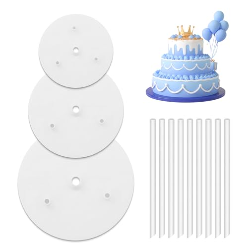MYHOGOOD Cake Dowels Rods Set, Reusable Cake Supports for Tiered Cakes, 9Pcs Cake Stand Sticks with 3Pcs Cake Boards, Cake Separator Plates for 4/6/8 Inch Tiered Wedding Cake Construction Stacking