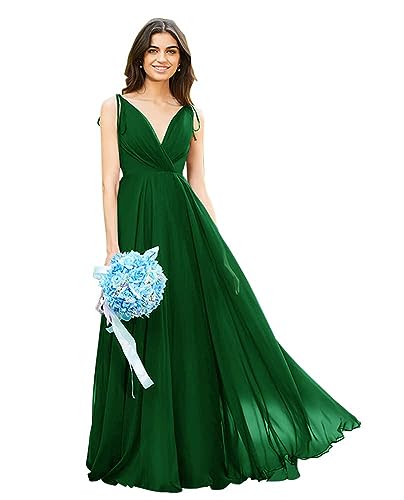 Image of HSFIYAKJ Bridesmaid Dresses Long Chiffon Formal Dress Open Back V Neck Evening Prom Gown for Women with Pockets