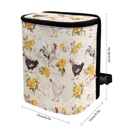Image of Talayituse Rooster Chicken Print Car Trash Can, Rose Letter Portable Auto Garbage Bin Valentine's Day Decor Multifunctional Vehicle Interior Accessories with Adjustable Straps Universal Fit SUV Sedan