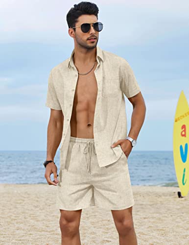 COOFANDY Men 2 Piece Linen Set Casual Short Sleeve Shirt and Short Beach Set2
