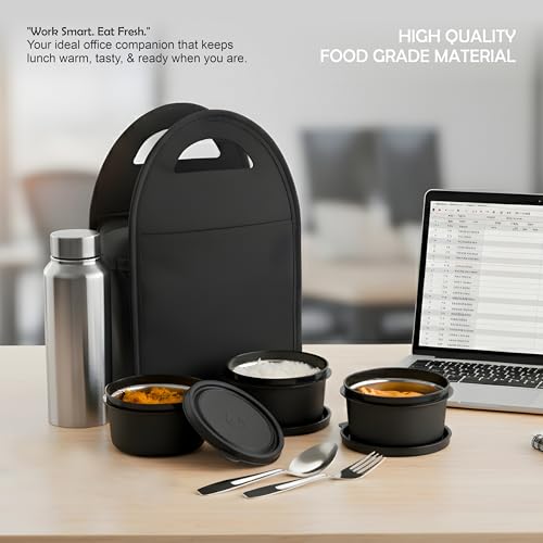 Image of NARIYA Lunchbox Set with 3 Leak-Proof Container, 1 Steel Bottle and Steel Spoon Set for Office and School (Black)