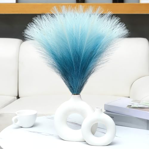 Ureymx Faux Pampas Grass Decor 17.7 Inch 6pcs, Pompas Grass Flower Arrangement and Vase Filler Artificial Pampas Grass Short Decor for Boho Home Wedding Decoration (Gradient Blue)