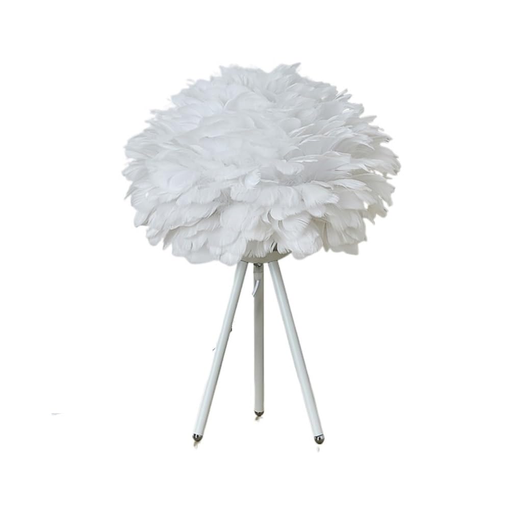 Lampada da tavolo con piume, luce decorativa nordica | Paralume in piuma, dimmerabile, base treppiede in metallo, stile nordico, luce ambientale(White)