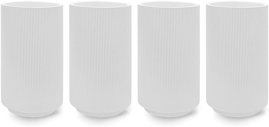 Koyal Wholesale Set 4 of 6" Tall Vase, Large Ribbed Cylinder Vase, Fluted Modern Vase for Flowers, Round Minimalist White Vase, Decorative Vase for Living Room, Trendy Aesthetic Vase for Wedding