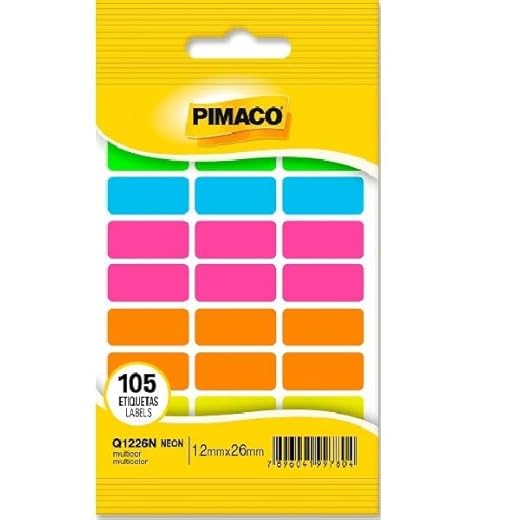 Etiqueta Adesiva, Pimaco, Retangular Q1226N, Neon Sortidas, 12x26mm, Cartela com 105 Etiquetas