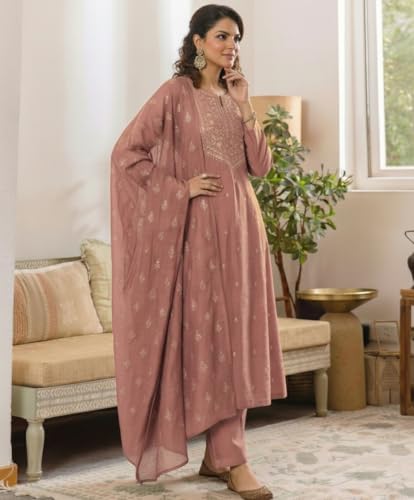 Image of ANNI Designer Women's Viscose Straight Printed Embroidery Kurta with Pant & Dupatta | Long Sleeve Ethnic Kurta Set for Women | Casual Office, Daily, Party Outfits