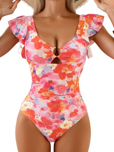 Image of Eomenie Womens Ruffled One Piece Swimsuit Slimming Tummy Control Bathing Suit V-Neck Cutout Swimwear for Resort Wear