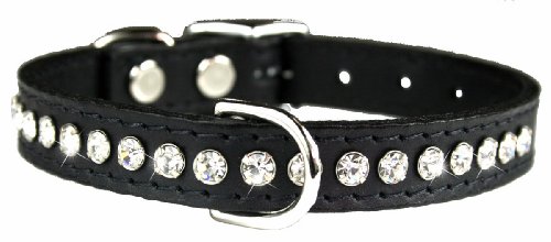 Image of Signature Leather Crystal Dog Collar, Black Solid Grain Leather, Fits 6 inch-8 inch Neck Size, 10 inch Overall Length