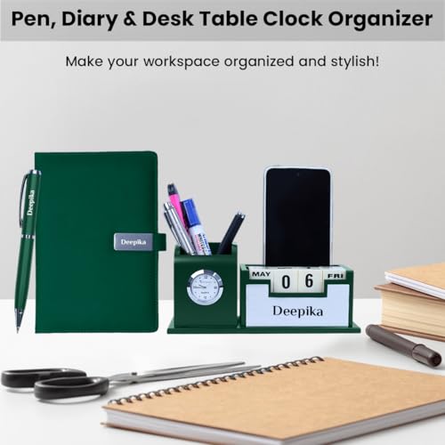 Image of Giftana Personalized Desk Organizer with Notebook Diary Pen with Name, Customized Employee Welcome Kit, Personalised Gift for Doctors, 3 in 1 Customised Diwali Corporate Gift Set for Employee (Green,Silver)