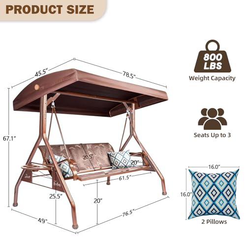 Image of ZZW 3 Person Patio Swing Outdoor Swing for Adults with Adjustable Canopy &Upgraded Cup Holders Textilene Fabric Porch Swing Chair with Stand Heavy Duty 800 LBS