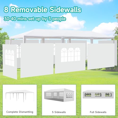 Image of 10x30 White Canopy Tent with 8 Removable Sidewalls and Windows, Waterproof Outdoor Backyard Party Gazebo for Birthday Wedding Graduation BBQ Reunion Markets