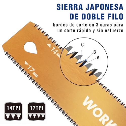 Miniatura 3 de Workpro Sierra Japonesa De 150 Mm Con Hoja Sk5, Doble Filo 17tpi 14tpi, Sierra Con Cabeza Estrecha, Sierra De Tracción Japonesa Con Mango De Madera Ergonómico, Para Trabajo En Madera